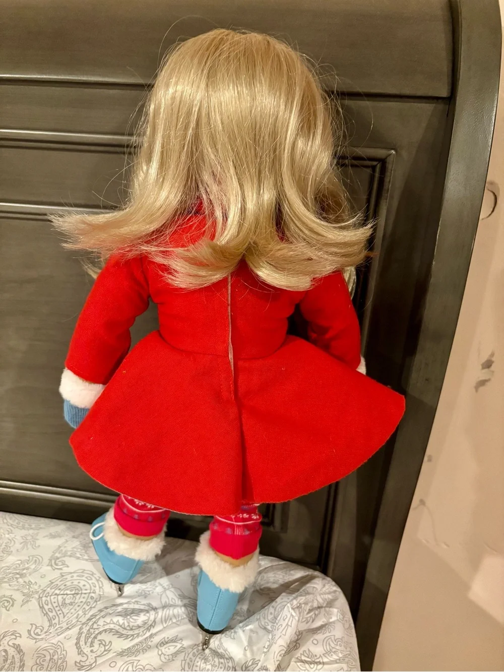 American Girl Red Holiday Dress with Blue Mittens and Skates
